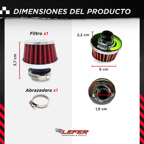 Imagen 2 de 9 de Filtro Venteo Auto Conico Deportivo De Aire Moto Rojo 15mm