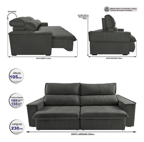 Sofá Retrátil Reclinável 2,30m Cama Inbox Flórida. Velusoft Cor Cinza