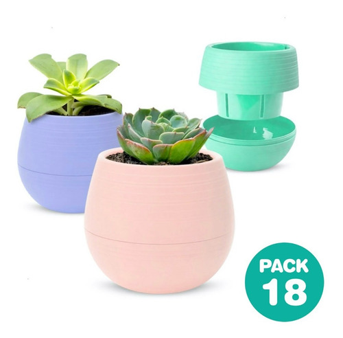 Imagen 1 de 10 de Pack 18 Macetas Autorriego Cactus Suculentas Colores Pastel