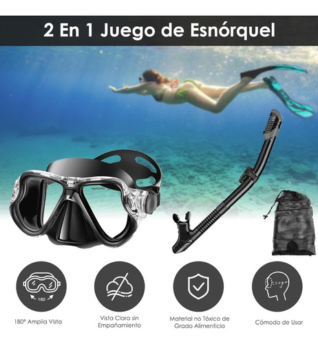 Máscara Snorkel 180° Antivaho Y Antifugas Para Buceo Negro