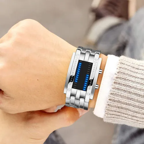 Reloj Para Hombre Led Binario Electrónico Impermeable Moda Correa Plateado