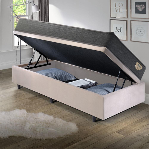 Base Box Baú 96x203 Suede Bege Com Colchão Adapto Ecoflex