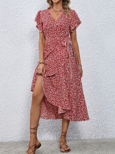 Vestido Midi Bohemio Floral Para Mujer Con Cuello En V Y Cin