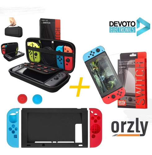 Imagen 1 de 8 de Kit Orzly Funda Nintendo Switch Kit Estuche + Vidrio Protector 9h Orzly Premiun + Silicona Joy Con Grip Original