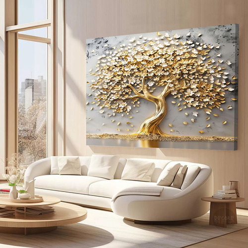 Quadro Arvore Da Vida Dourada Canvas Luxuoso 60x90cm