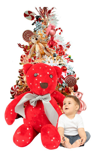 Decoración Navidad Oso De Tela De Felpa Adorno Navideño 80cm Color Rojo