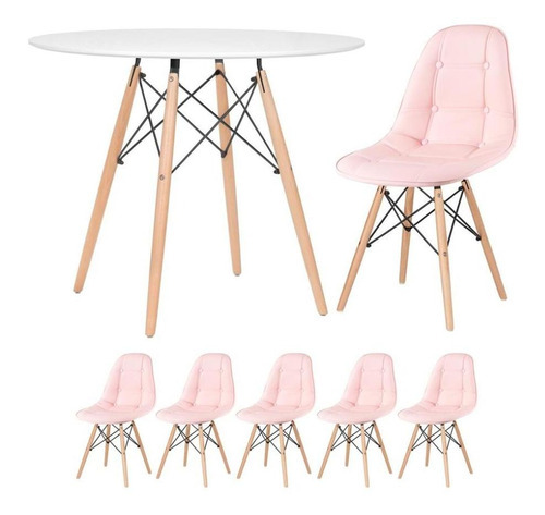 Kit Mesa Jantar Eames Wood 90 Cm E 5 Cadeiras Eames Botonê Cor Da Tampa Mesa Branco Com Cadeiras Rosa