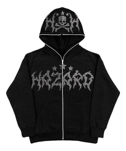 Rhinestone Print Full Zip Hoodie Y2k