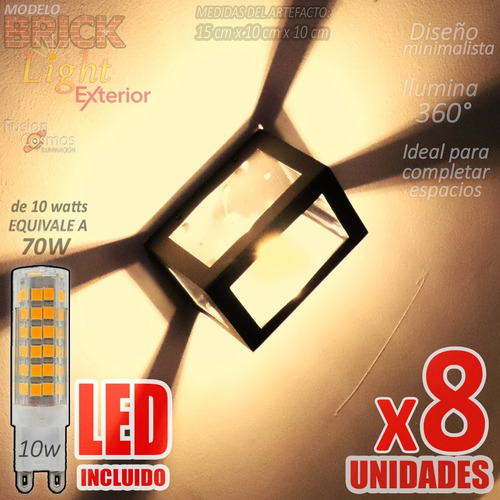 Aplique Pared Exterior Metal Fachada Efecto Led 10w Pack X8u