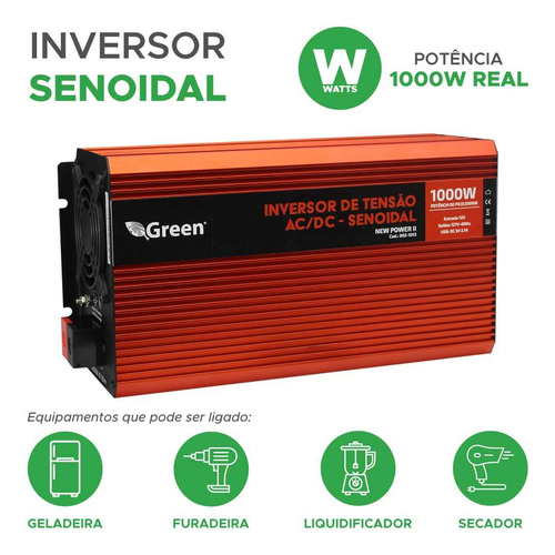 Green 002-0013 Inversor De Tensão Senoidal 12V 1000W USB 5V 2.1A - 127V