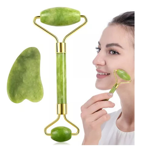 Set Rodillo Facial Cuarzo Jade Y Piedra Gua Sha Antifaz