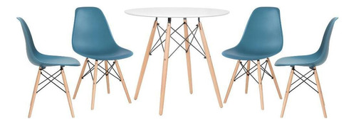 Kit de mesa de comedor Eames Wood de 80 cm, 4 colores de la cubierta, mesa blanca con sillas turquesas