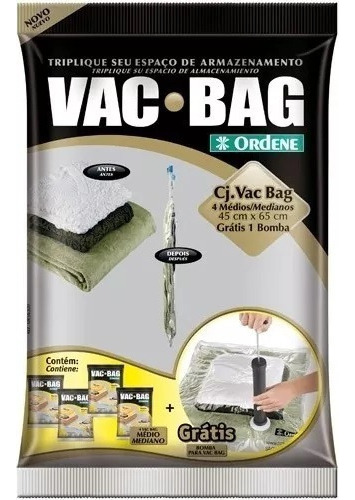 Kit Saco A Vácuo Com 4 Unid. Médio + Bomba - Vac Bag Ordene