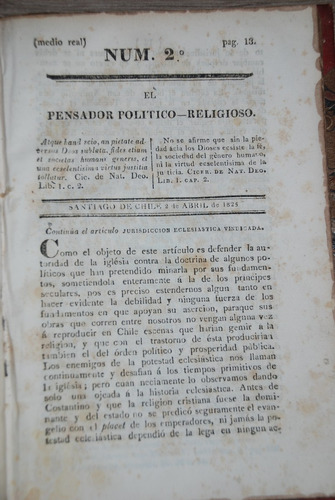 Pensador Político Religioso 1825 Diario Independencia Chile