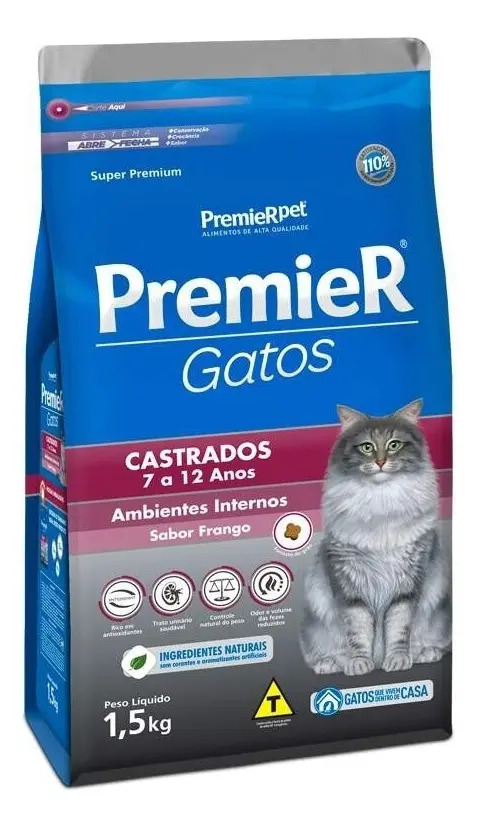 Ração Seca Premier Gatos Castrados 7 a 12 Anos Frango 1,5kg Super Premium