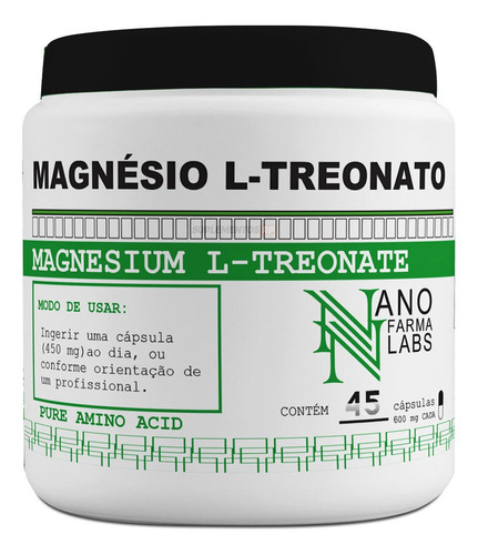 Magnésio L-treonato Puro 45 Cápsulas Nano Farma - 450mg