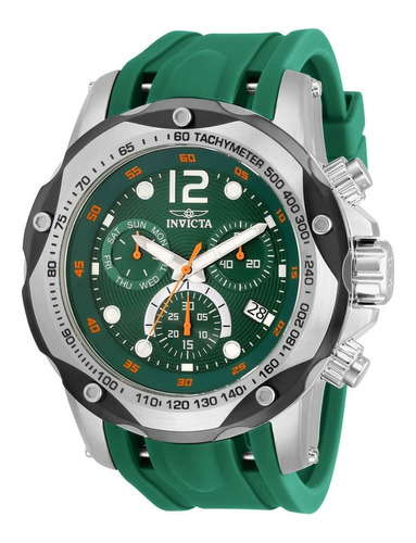 Reloj pulsera Invicta Speedway 33961 de cuerpo color plateado, analógico, para hombre, fondo verde, con correa de silicona color verde, agujas color plateado, blanco y naranja, dial blanco, subesferas color verde y plateado, minutero/segundero blanco, bisel color plateado y negro y hebilla simple