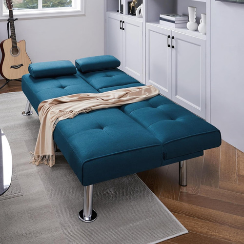 Sofá Cama Convertible De Tela Ajustable, Azul Yaheetech