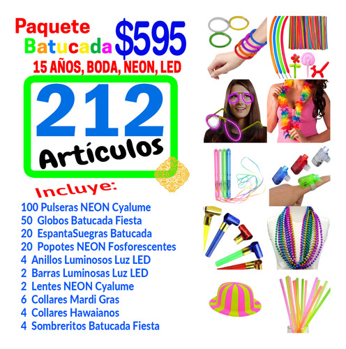 Paquete Combo Xv Años 212 Artículos Batucada Fiesta Neon Led