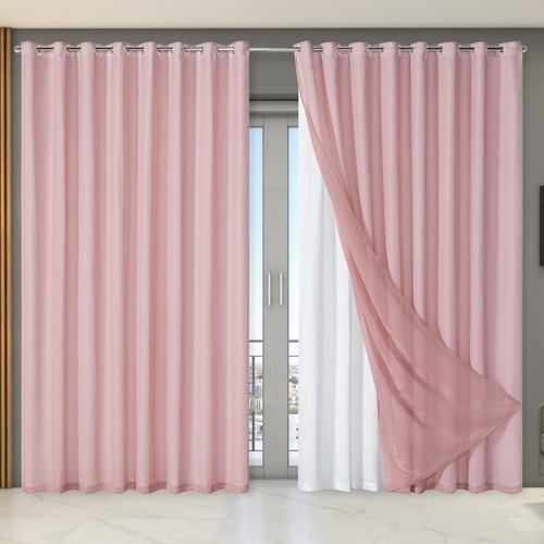 Cortina Dual Forro Com Voil Gaze Belga 5,60 M X 2,70 M Rosa