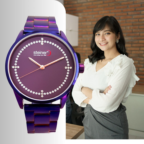 Reloj Steiner Análogo Extensible Acero Inoxidable 3atm Dama Correa Morado Bisel Gris Fondo Morado