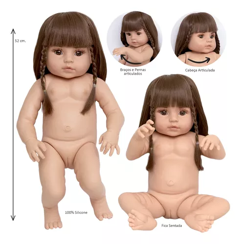 Boneca Bebê Reborn Cabelo Castanho + Bolsa 20 Itens Enxoval - USA