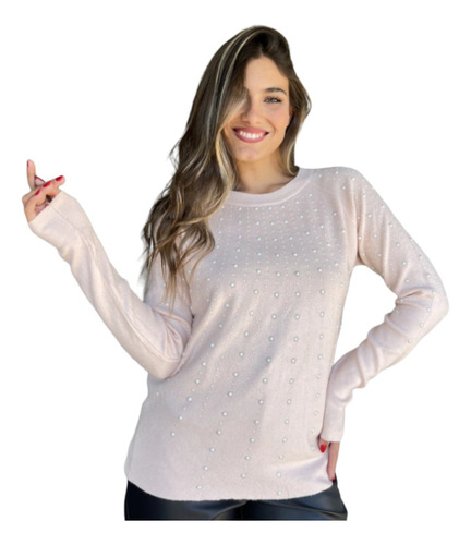 Sweater Importado Rosa Gofrado Y Con Apliques Media Perla