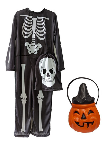 Imagen 1 de 10 de Disfraz Halloween Esqueleto C/ Mascara Y Caramelera Calabaza
