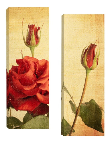 Par De Quadros Tela Pintura Floral Vermelho 20x60 R1