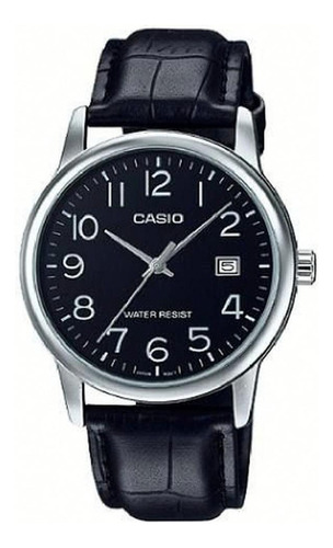 Reloj de pulsera Casio Enticer MTP-V002 de cuerpo color plateado, analógico, para hombre, fondo negro, con correa de cuero color negro, agujas color plateado, dial plateado, minutero/segundero plateado, bisel color plateado y hebilla simple