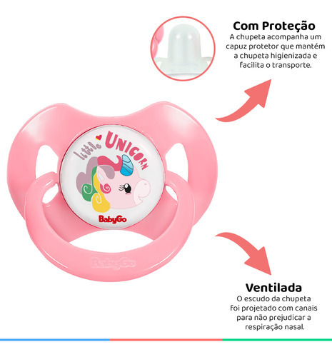 Chupeta Bebê +6 Meses Com Capuz De Proteção Rosa Baby Go Unicórnio Período De Idade + 6 Meses