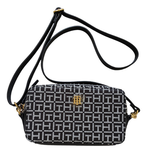 Bolsa Bandolera Tommy Hilfiger 69j8984 280 Diseño Monogram De Tela Poliéster  Negra Con Blanca Con Correa De Hombro Negra Asas Color Negro Y Herrajes Oro