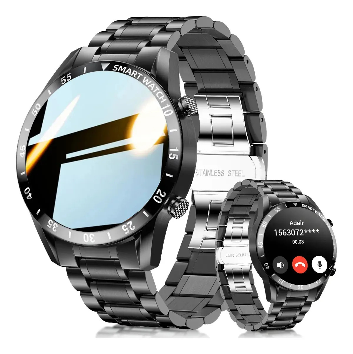 Smartwatch Original Bluetooth Relógio Inteligente Homens Relógio Digital Esportes Aço Inoxidável À Prova D'água Preto