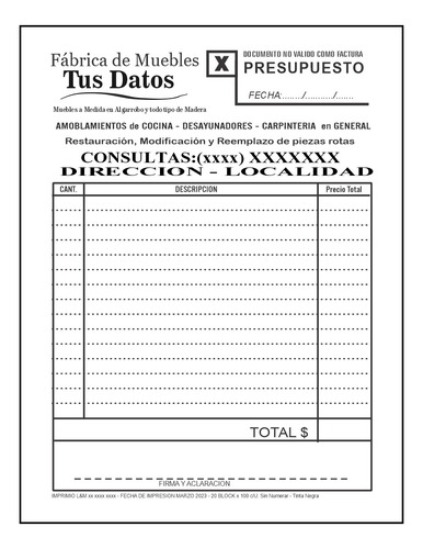 50 Talonarios Presupuesto - Nota Pedido - Comprobante 17x22