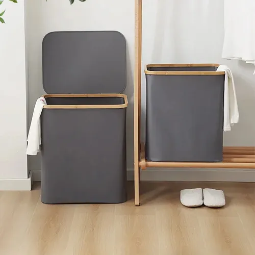 Cesta Ropa Sucia Canasto Plegable Gris Borde Bambu Cuadrado