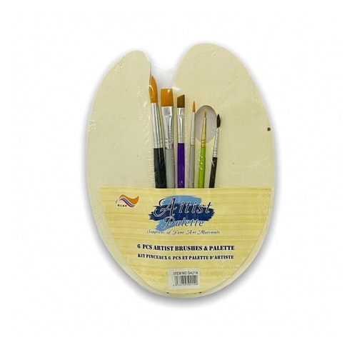 Set Paleta Pintor +pinceles Trazo Mango Madera Pack X 6 Arte