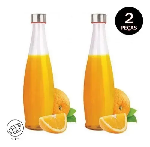 Conjunto de 2 Garrafas de Vidro 1 L com Tampa Inox e Vedação de Silicone