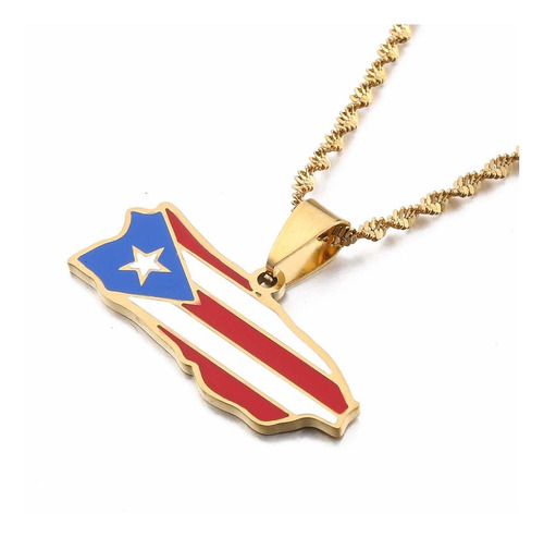 Collares Con Colgante De Mapa De Puerto Rico De Acero Inoxi.