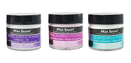 Mia Secret Polvo Acrílico 1 Oz X 3 (blanco, Rosa, Transpar.