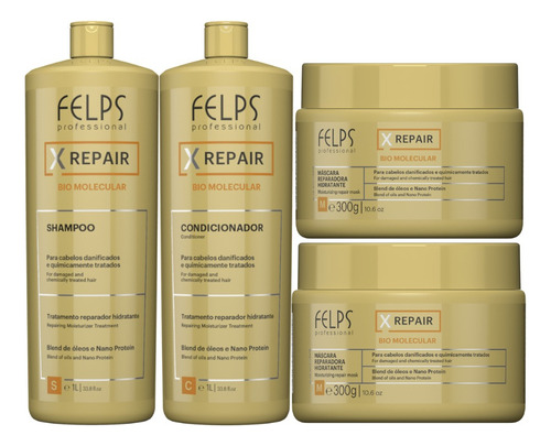 Felps Kit Xrepair Bio Molecular 2x1l + 2 Máscaras 300g 