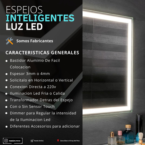 Espejos Luz Led Baño 60x70cm Touch Desempañador Hora Y Temp Transparente