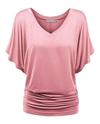 Camiseta Blusa Con Cuello En V Sólido Manga Murciél De Mujer