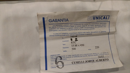 Resistencia Tubular Unical 500w 15.8 X 450 Milim