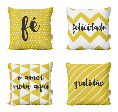 Kit Com 4 Capas De Almofadas Amarelas Com Frases | 40x40cm Cor Amarelo Decorativas