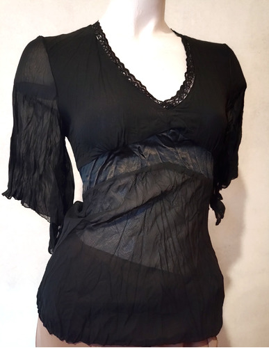 Remera Blusa Gasa Plisada Con Encaje Gothic Dark Fiesta Sexy