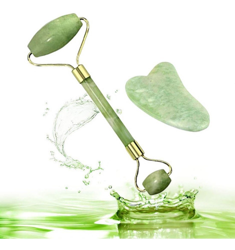 Masajeador facial Jade Roller Stone + Piedra natural Gua Sha de color verde