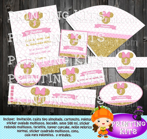 2x1 Kit Imprimible Minnie Dorada, Fiesta Infantil Cumpleaños