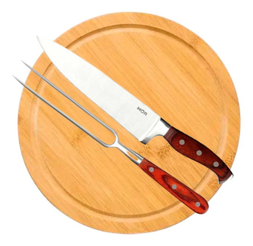 Tabla De Asado Redonda 25 Cm + Cuchillo Tenedor Premium