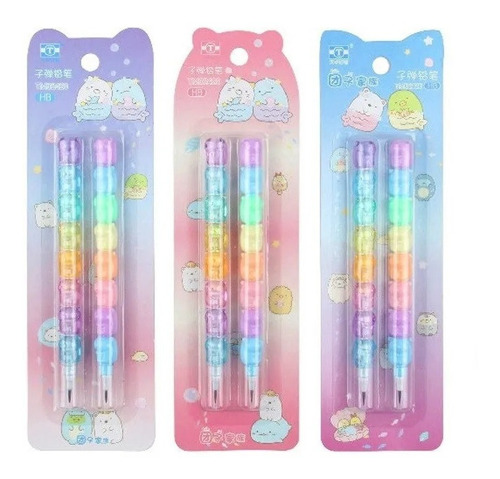 Set De 2 Lápices Mina Ositos Arcoiris Kawaii