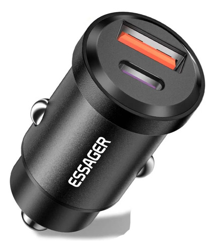 Mini Carregador Veicular Essager Duplo Usb E Usb-c 45w + Cor Preto